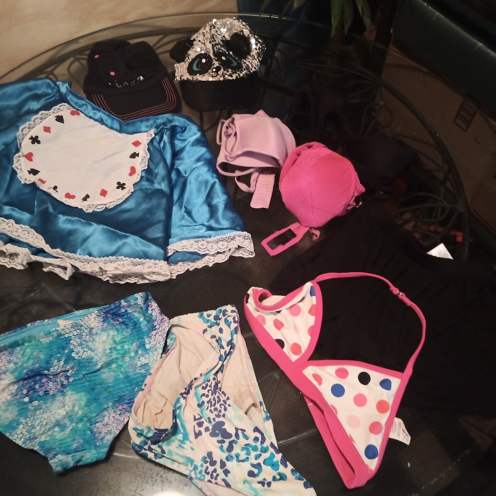 Girls bras hats swim suits skirt.